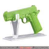 Double Bell Transparent Polymer Pistol Display Stand with Green Gun-Like Object