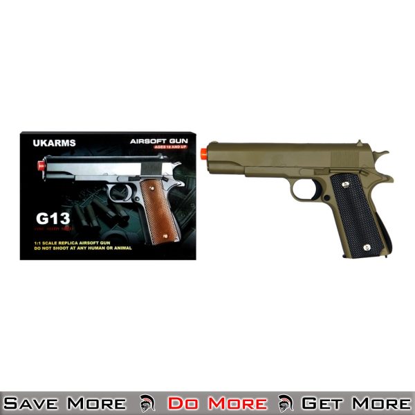 UK Arms 1911 Metal Spring Powered Airsoft Pistol Tan Box