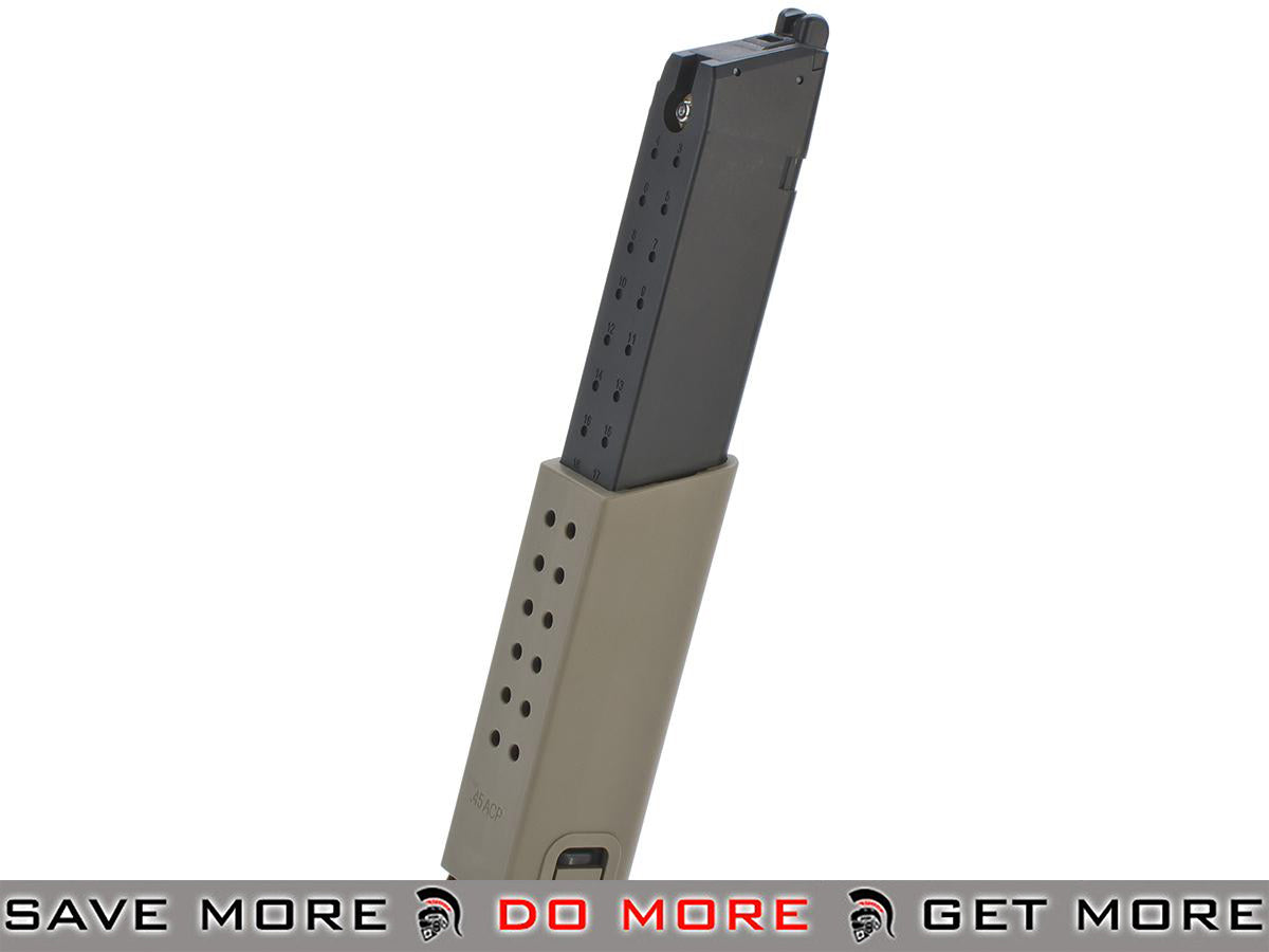 KWA Full Metal 49rd Magazine with Polymer Spacer for KWA SMG45 Airsoft GBB SMG - Desert Tan Gas Gun Magazine- ModernAirsoft.com